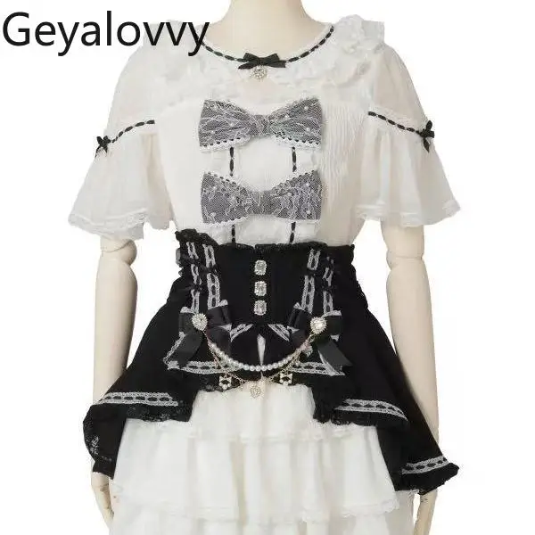 Japanese Style Liz Cute Diamond Button Bowknot Pearl Beaded Round Neck Shirt Summer Sweet Girls Versatile Short Sleeve Tops