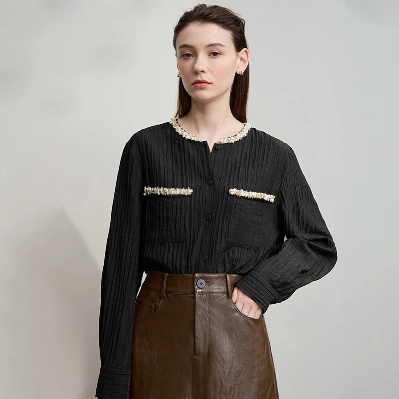 AMII Women's Shirt 2025 Autumn New Elegant Versatile Women's Blouse Pockets O-Neck Loose Long Sleeves Casual Ladies Tops12543146