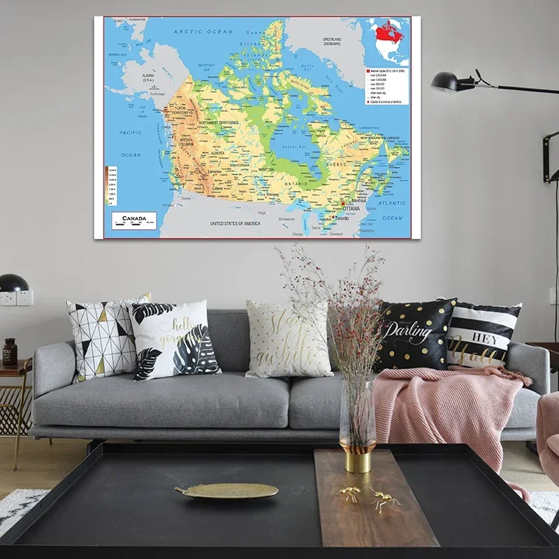 La mappa topografica del Canada 150 * 100 cm in inglese senza cornice Poster e stampe Wall Art Dipinti su tela Home Living Room Decor