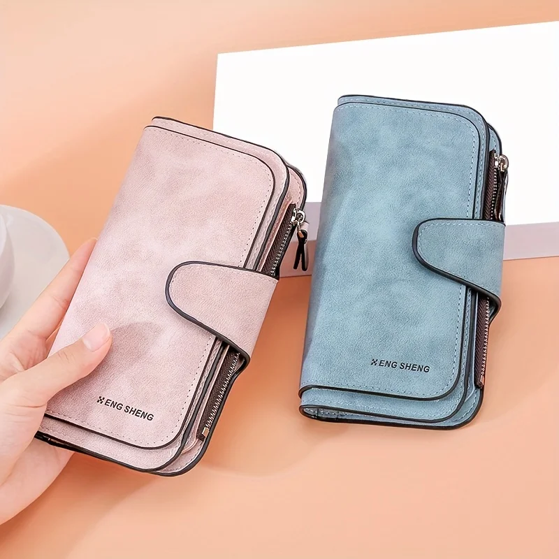 Matte Faux Leather Long Wallet for Women, Multi Card Slots Snap Clutch Purse with Zipper Coin Pocket, Large Capacity Portable