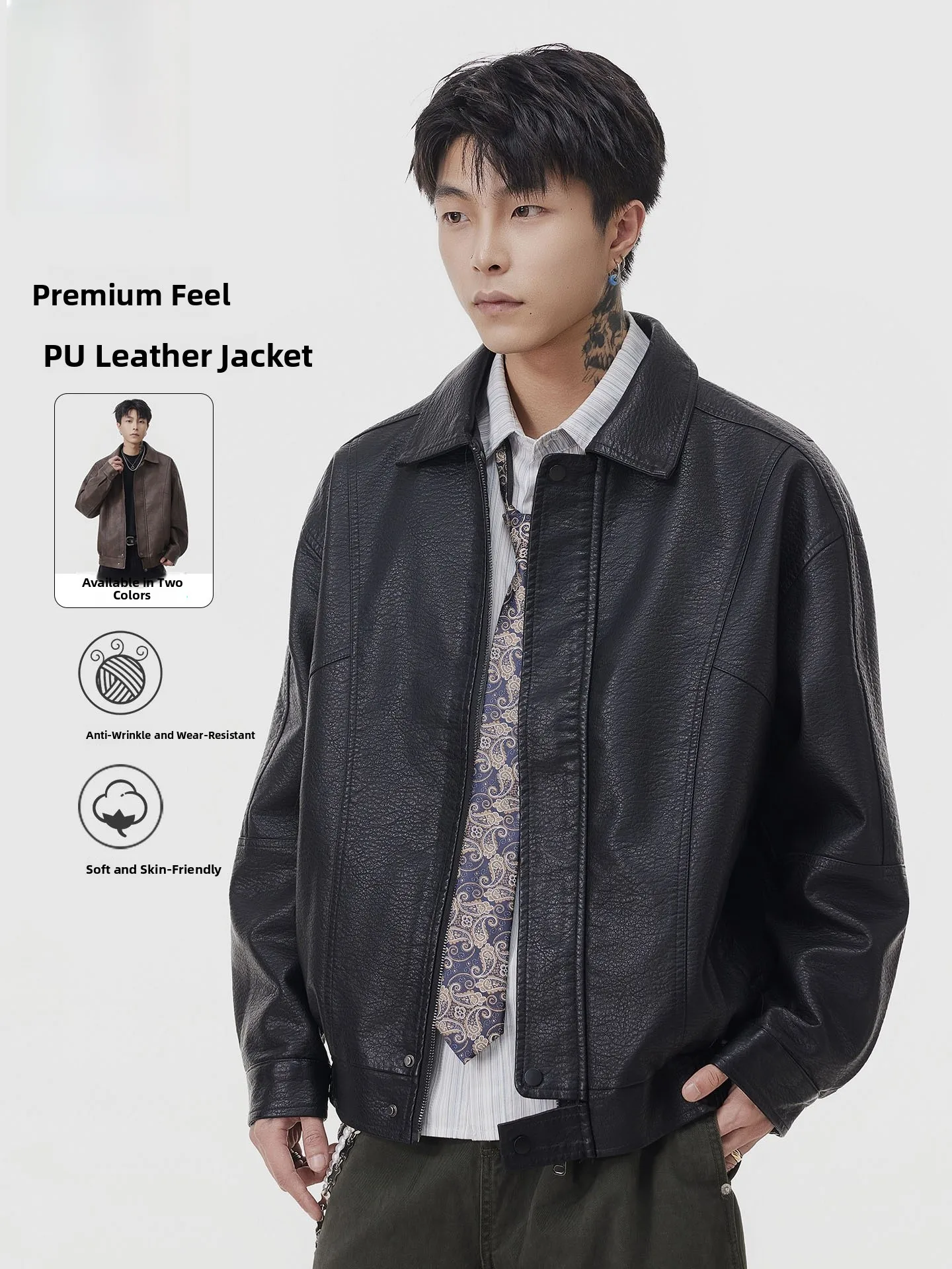 

Jeanswest Мужская байкерская кожаная куртка в стиле ретро, рабочая одежда, повседневная модная верхняя одежда, осенне-зимняя длинная одежда на молнии с застежкой-молнией...