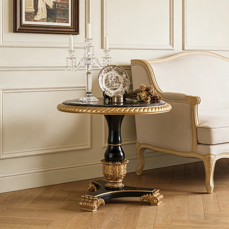 !@Artisanal Craftsmanship Antique Hand Carving Solid Wood Round Side Table Bedroom& Living Room Natural Marble End Table