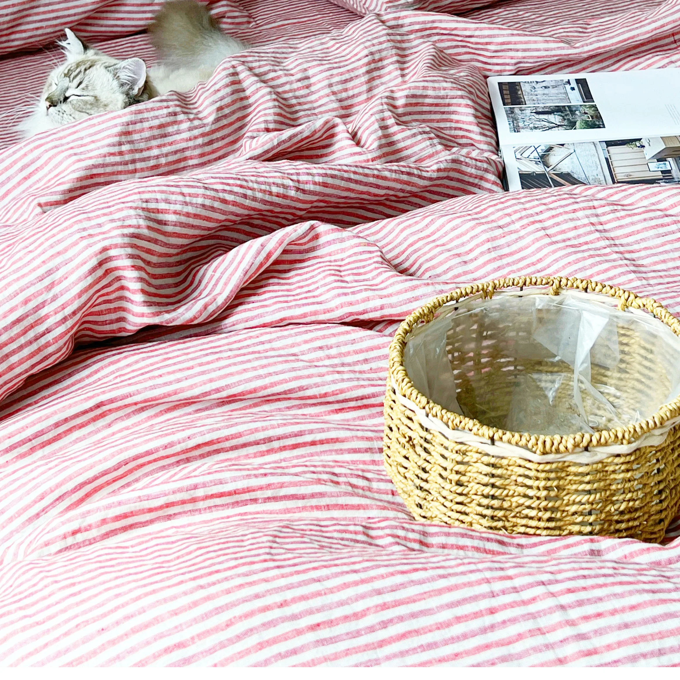 Enzyme washed pure linen striped fabric