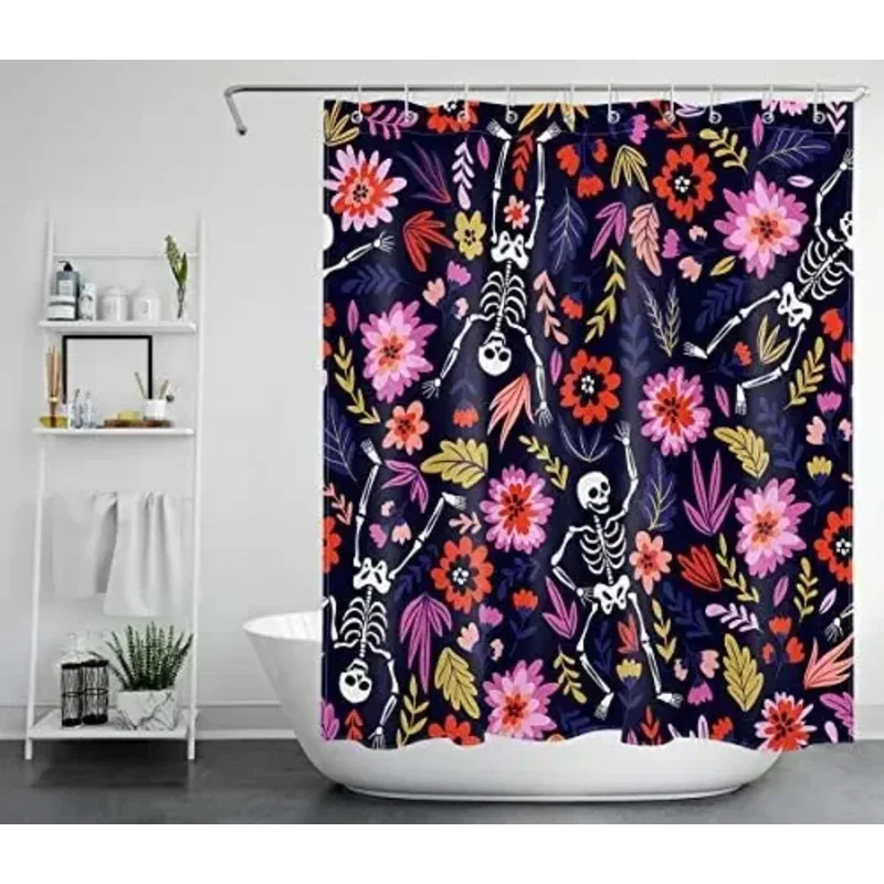

FWM05Skull Skeleton Sugar Flower Shower Curtains For Bathroom Decorations Set With Hooks Day Of The Dead6Hn$