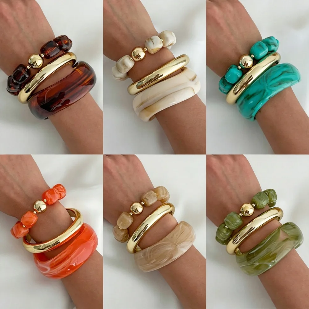 3 Pcs Vintage Multi Color Marble Resin Bangle Set Glossy Wide Cuff Gold Tone Square Bead Bracelets for Women Boho Stack Jewelry