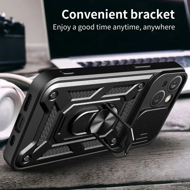 Cases For iPhone 17 16 16e 15 14 13 12 11 Pro Max Plus Mini XR 8 Plus SE Shockproof Armor Slide Camera Lens Protection Cover