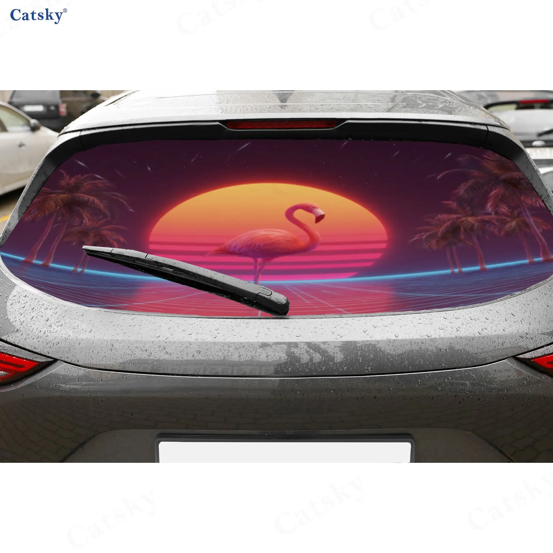Neon Flamingo PVC Perforated Car Vinyl Wraps, Privacy Enhancing Design For Rear Window, Car Rear Windshield Sticker