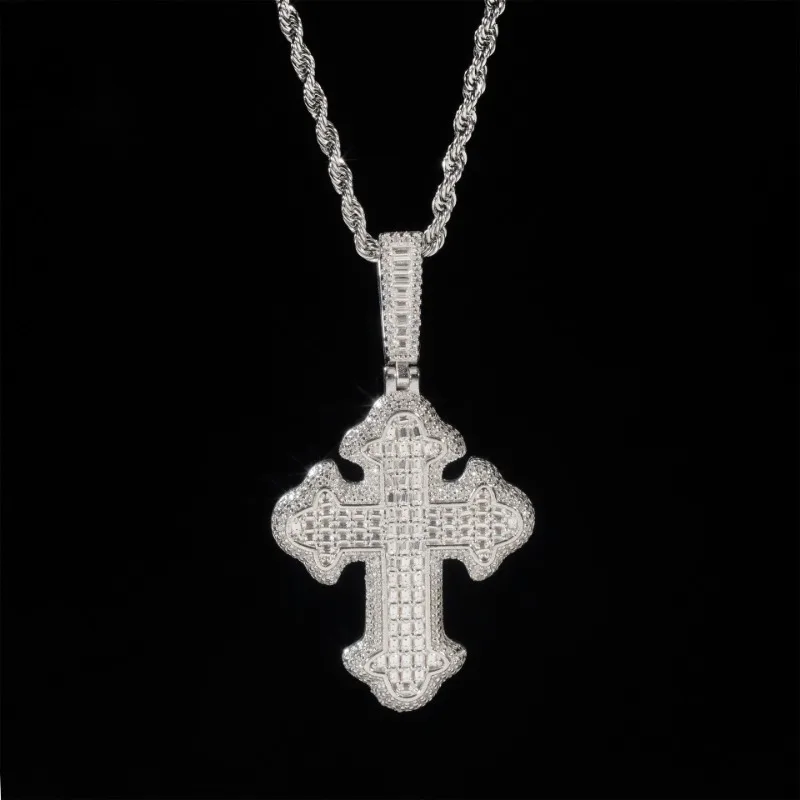 

925 Sterling Silver Iced Out D Color Baguette Cut Moissanite Cross Pendant Necklace Hiphop Jewelry White Gold Plated Steel Chain