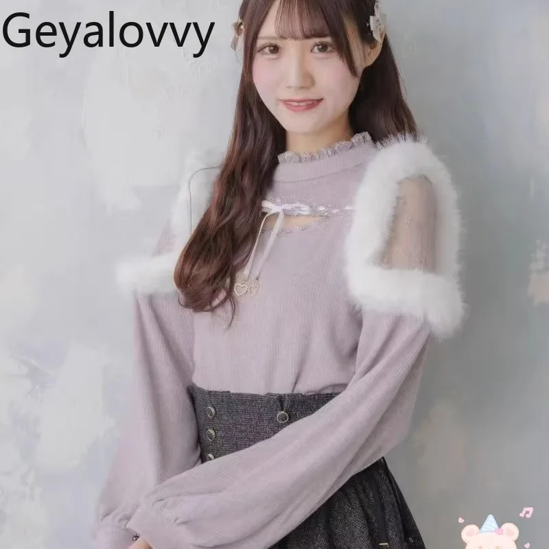 

Autumn Winter New Heart Pendant Plush Lace Patchwork Pullover Mass-Produced Sweet Girls Versatile Off-Shoulder Knitted Top