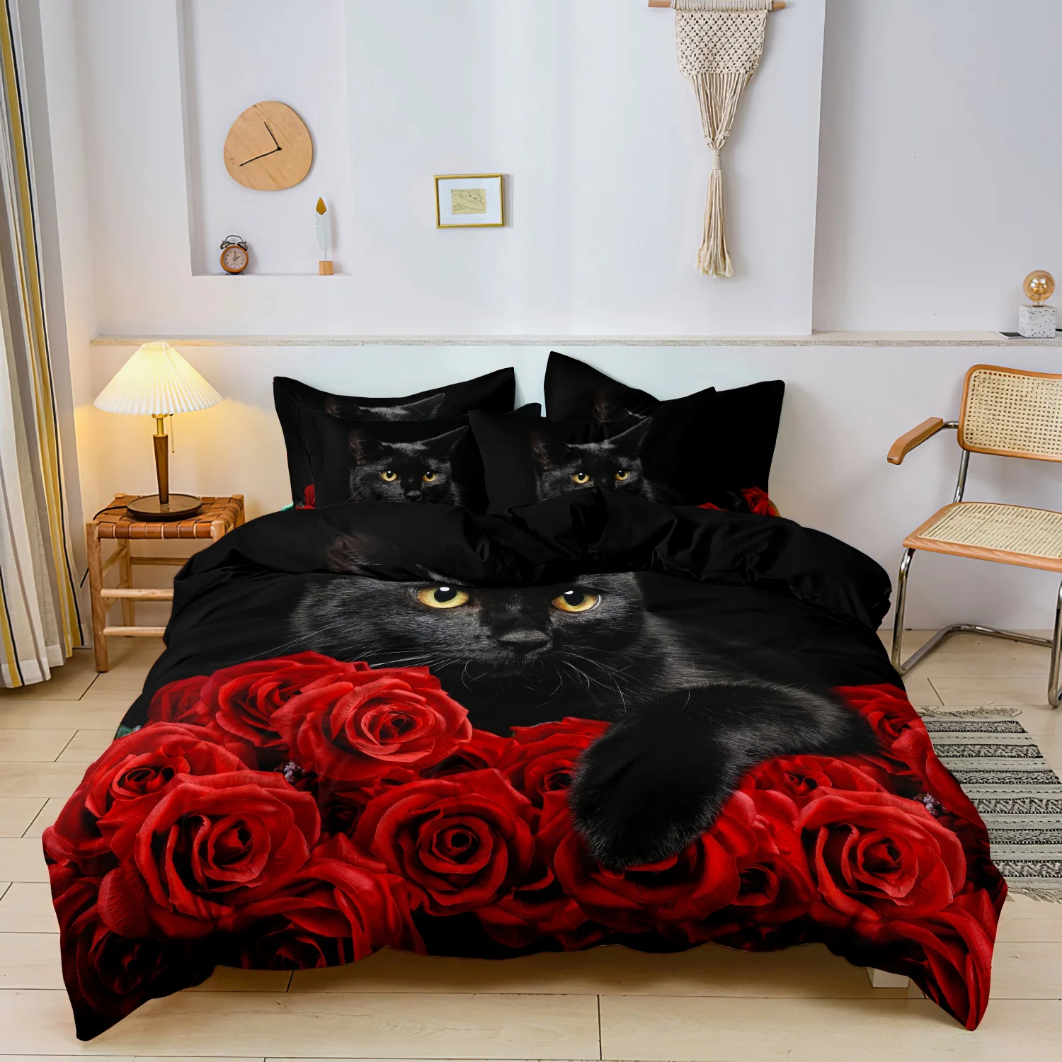 Black Cat Yellow Eyes Red Rose Print 3 Pieces Duvet Cover Set, Gothic Dark Style Feline Pet Red Blooming Flower Print Bedding