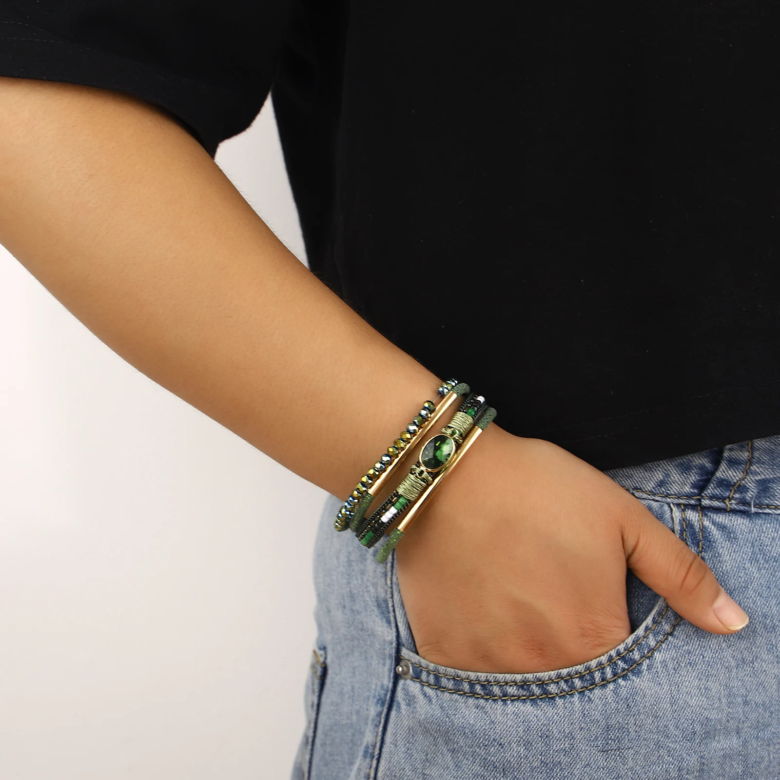 Amorcome Bohemian Leather Wrap Bracelets Boho Crystal Beads Cuff Stone Charm Bracelets Magnet Clasp Jewelry for Women Men Gift