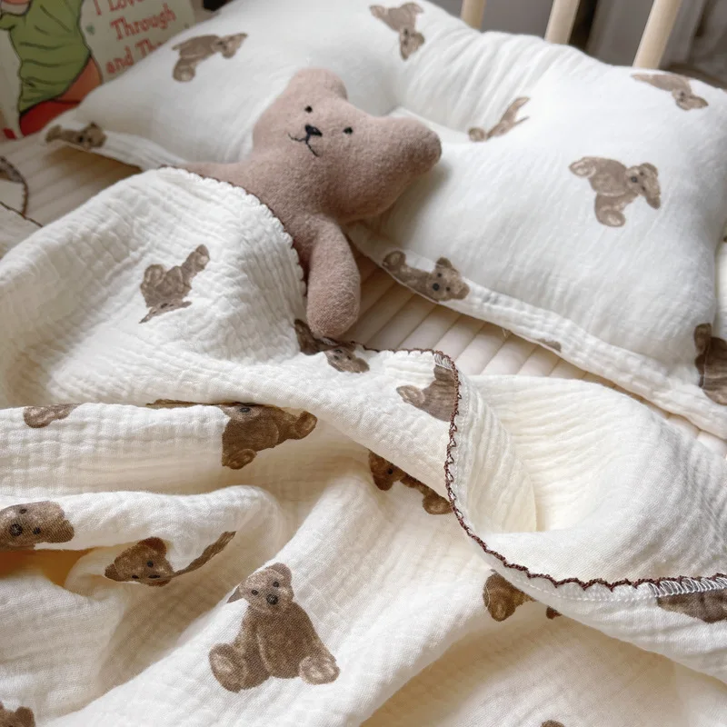 Printed Teddy Bear Super Soft Cotton Muslin Blanket,Lovely Baby Swaddle, Newborn Wrap Bath Towel, Baby Receiving Blanket