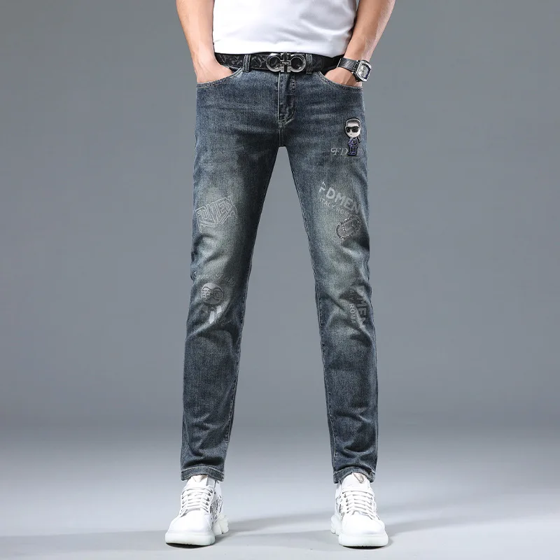 2024 New Men's Trousers Simple Slim-Fit Nostalgic Craft Rhinestone Printing Skinny Pants Cotton Elastic Fashion Brand Jeans Men
