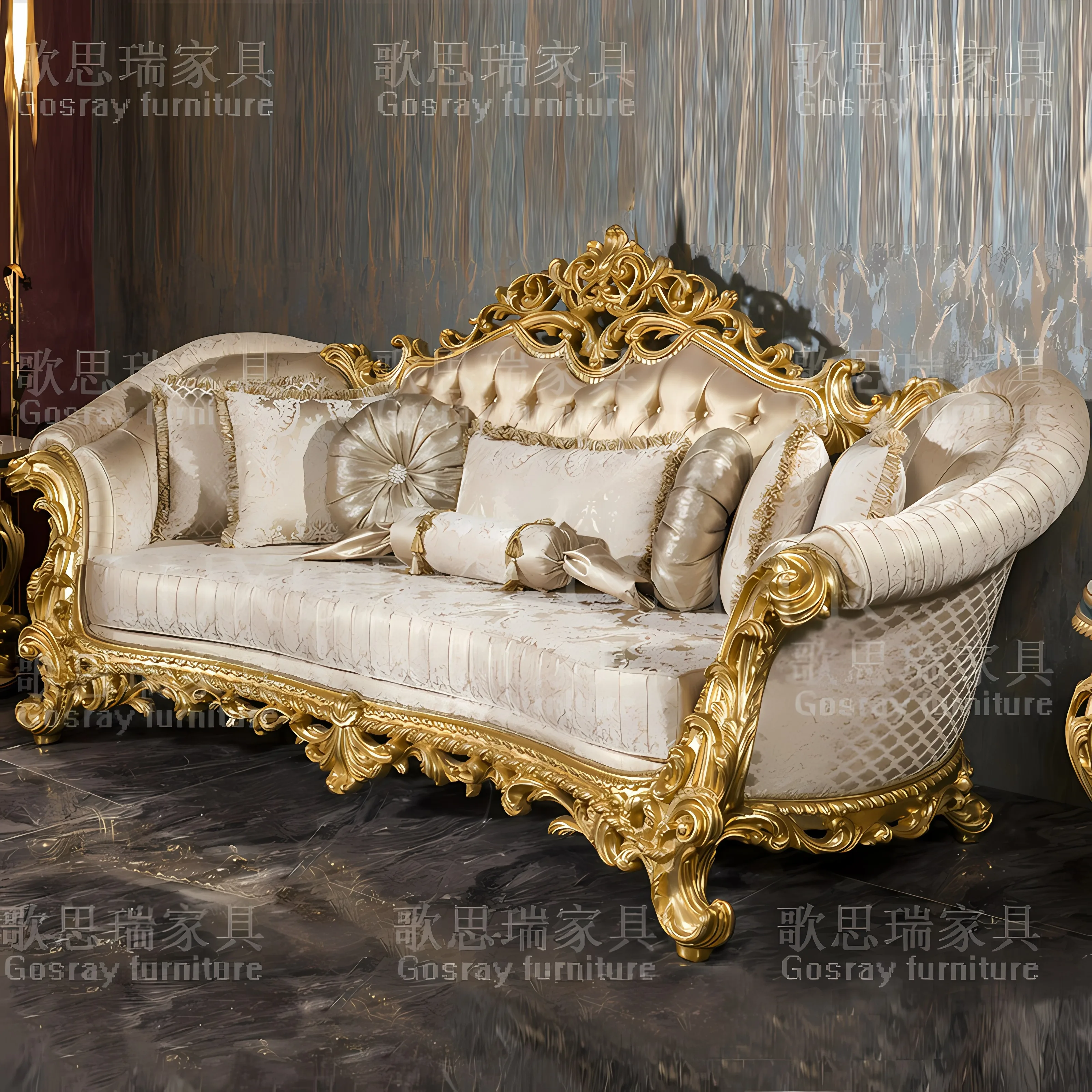 European solid wood carved cloth sofa combination French villa luxury living room gold sofa set of furniture