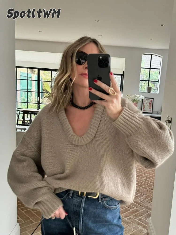 Elegant Deep V-neck Casual Sweater For Women Fashion Solid Loose Long Sleeve Knitted Pullover 2024 New Female Chic Street Jumper