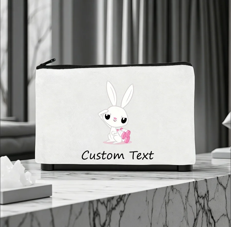 1PC Custom Text Cute Salute White Rabbit Cosmetic Bag Personalized Canvas Zipper Makeup Pouch