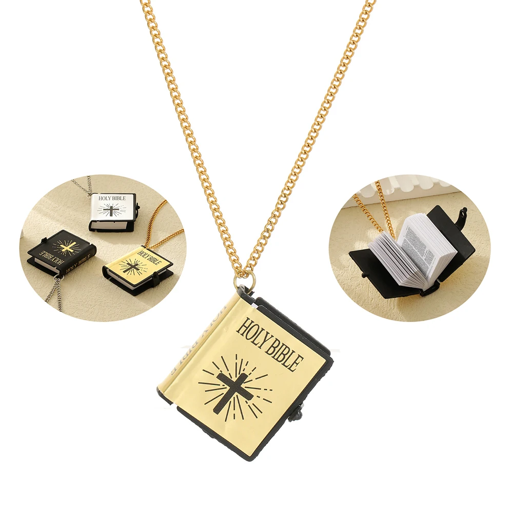 Meetvii New Religious Gold MINI Bible Pendant Necklaces for Women Men Stainless Steel Chain Cross Prayer God Bless Jewelry