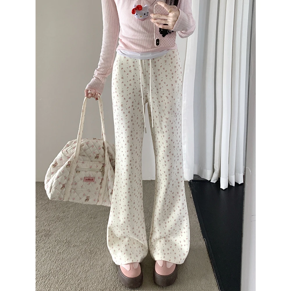 Vrouwen bloemen hangende wijde pijpen broek licht uitlopende pluche casual broek lente herfst winter mode
