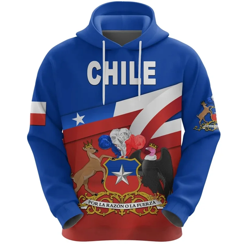 Vintage Chile Map Flag 3D Printing Hoodies Republic-of Chile Coat Of Arms Graphic Hooded Sweatshirts Mens Clothing Pullovers Top