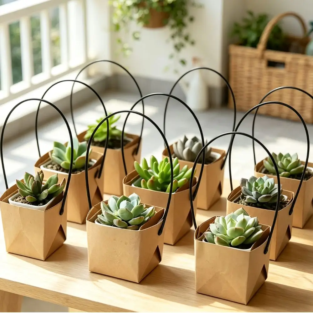 5/20pcs Portable Succulent Plant Gift Box Kraft Paper Square Basket with Curved Handle for Home Garden Decor YMY