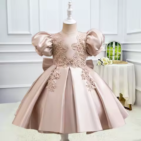 New flower girl wedding dress for girls satin puff sleeve evening dress for girls 3-10 years old girls graduation party performa