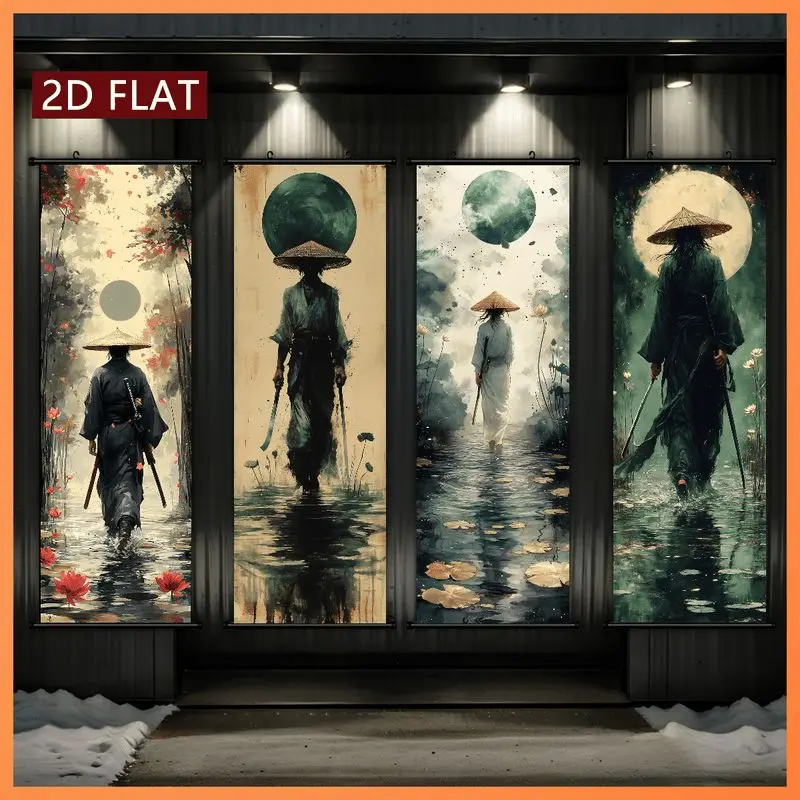 VIKAMA Ink Ronin Samurai Wall Tapestry Straw Hat Lotus Water Lake Japanese Sumi Scroll Art Home Decor Warm Cozy Soft Durable