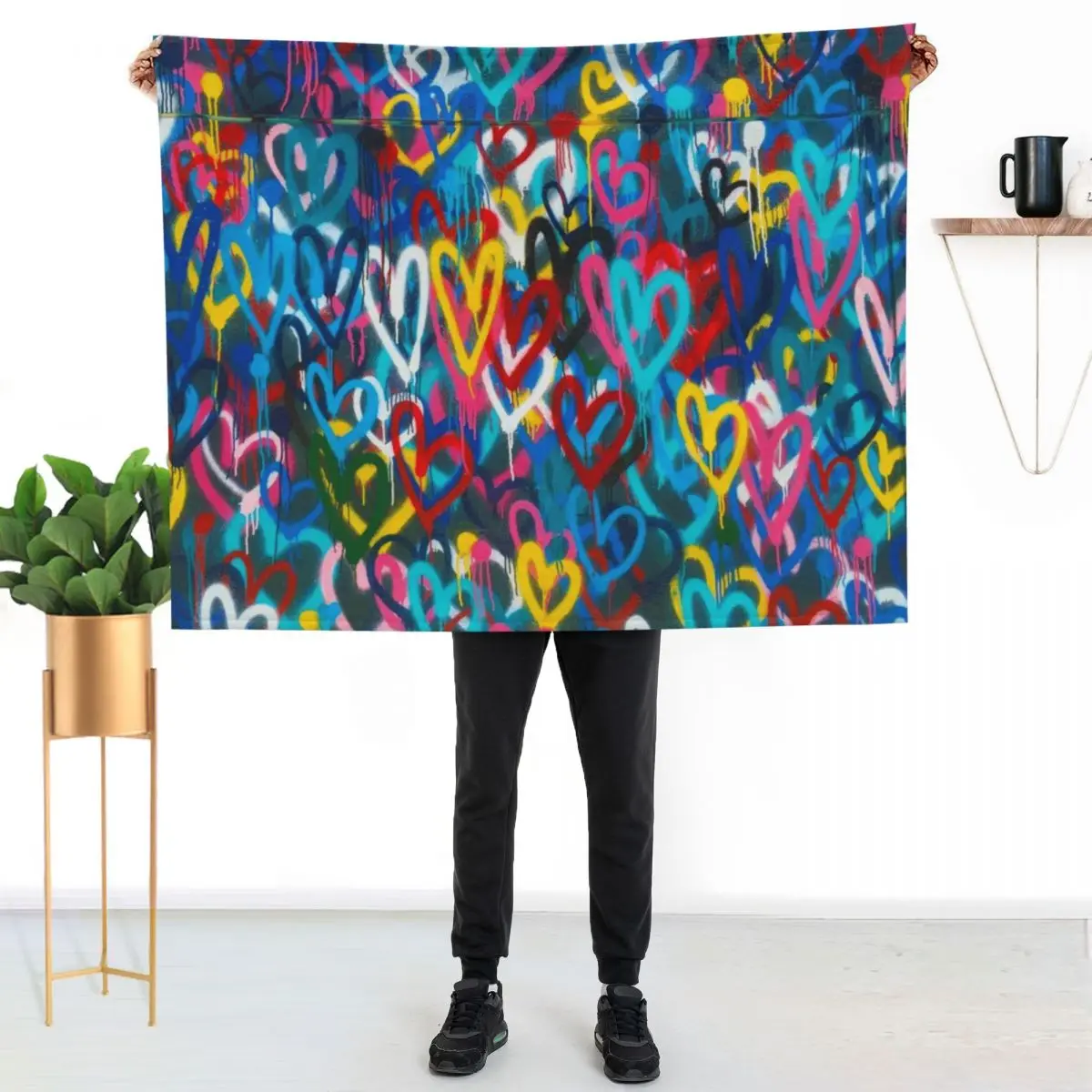 Graffiti Urban colorful graffiti city wall chaotic hearts pattern painting grunge rainbow love Throw Blanket Warm Plaid Blankets