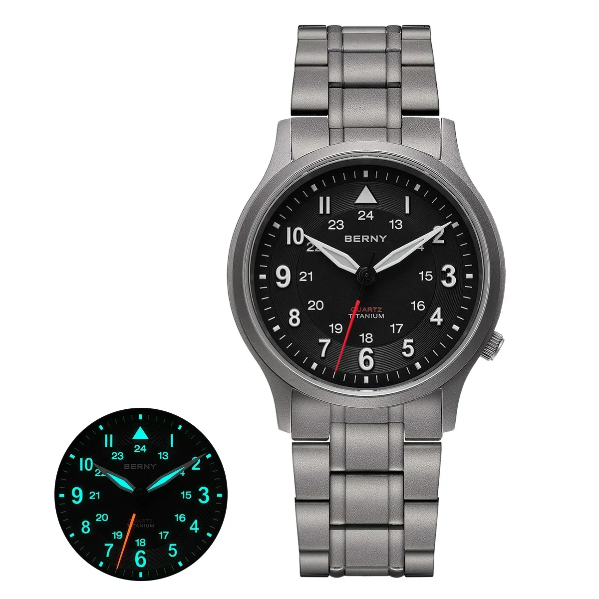 BERNY Volltitan-Uhren für Herren, Outdoor-Quarz-Herren-Feldarmbanduhr VH31, superleuchtende, leicht ablesbare Uhr mit Saphirglas