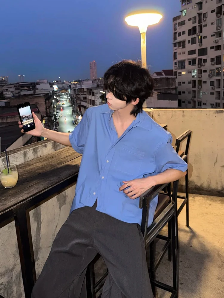 Klein Blue Ice Silk Short Sleeve Men's Shirt Korean Style Summer Casual Loose Fit Regular Length Cotton No Ironing Needed