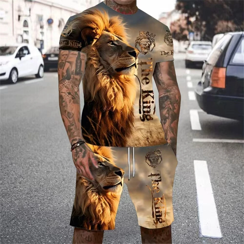 Men's short sleeved T-shirt set animal lion wolf 3D printed personalized T-shirt men's set casual outdoor sports set clothing li