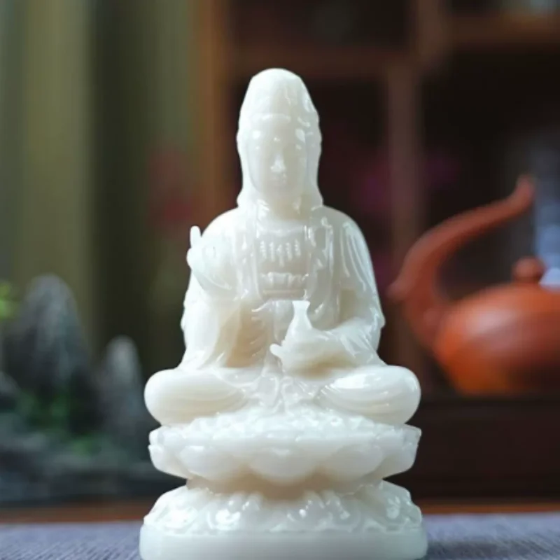 Exquisite Jade Carving White Jade Guanyin Statue - Compassionate Bodhisattva Sculpture, Home Tabletop Decor Ornament