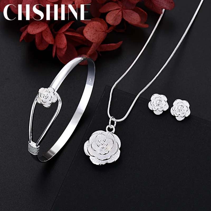 

Fine 925 Sterling Silver Charm Flower Necklace Earring Bangle Jewelry for Women Retro Set Wedding Gift TRENDY Lovely