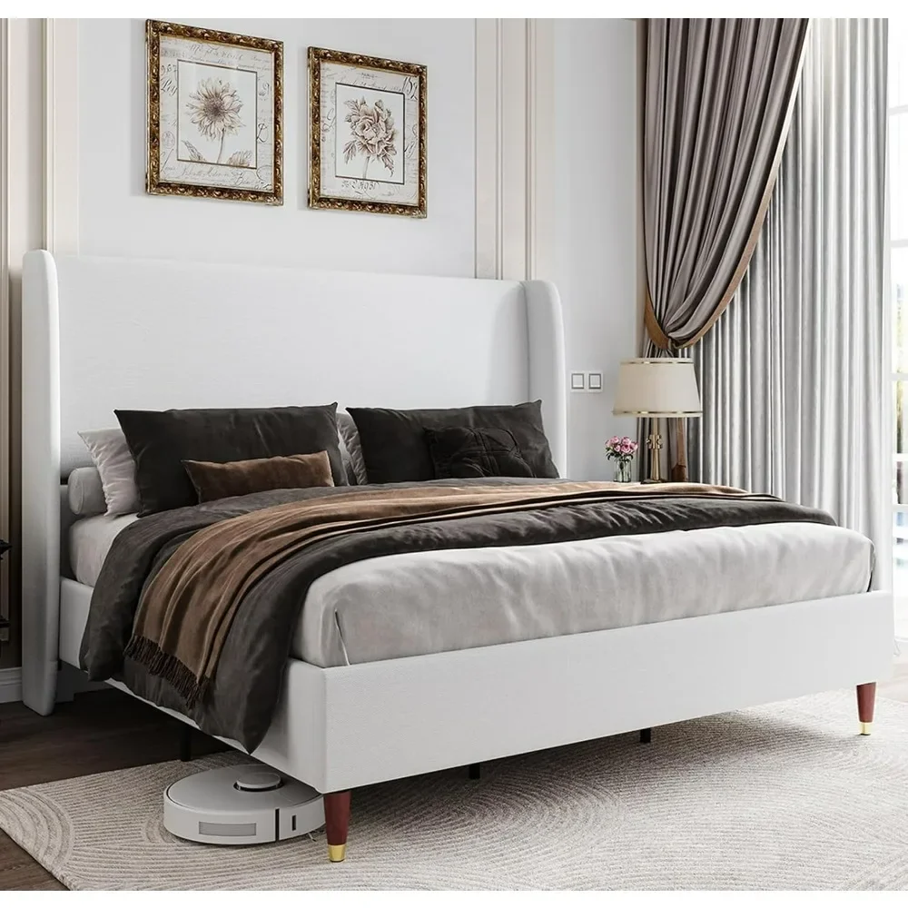 Extra large fabric bed frame and wing back headboard, supported by wooden horizontal bars, easy to assemble, white