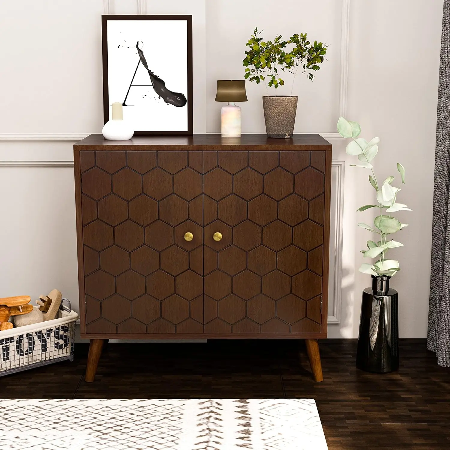 

32" Farmhouse Accent Cabinet with Honeycomb Pattern Doors, 2-Door Storage Cabinet, Modern Kitchen Buffet Sideboard with