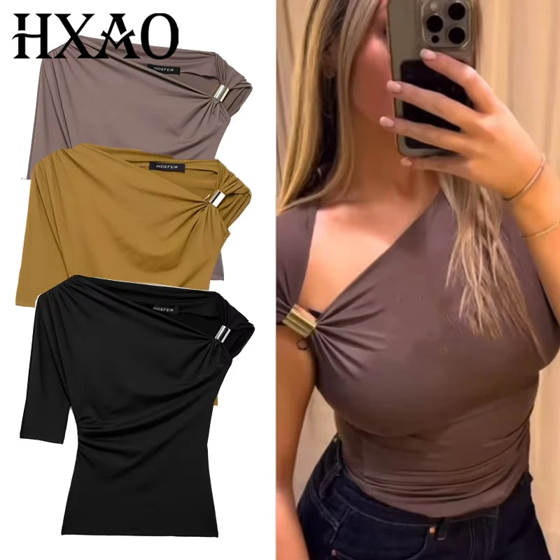 

HXAO 2025 Новые женские топы на одно плечо, укороченный асимметричный топ, летние облегающие однотонные футболки, стильная черная блузка с короткими рукавами