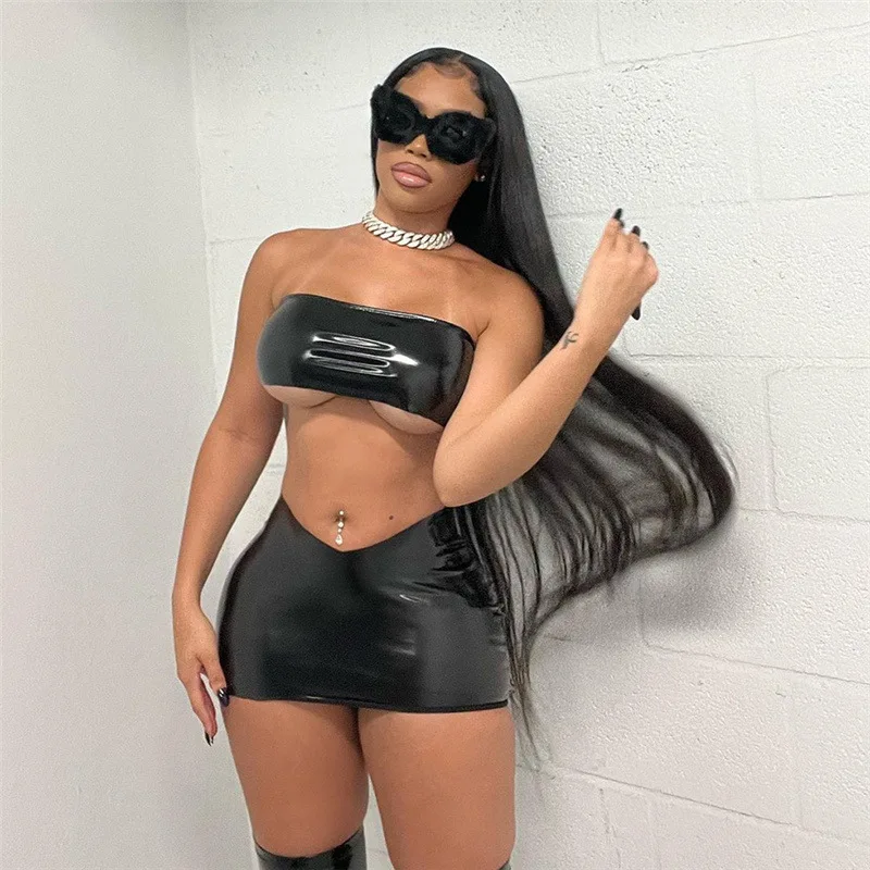 Sexy Leather Two Piece Dress Women Strapless Crop Top Wrap New In Dress Low Waist Street Outfit 2023 Female 2 Piece Skirt Set