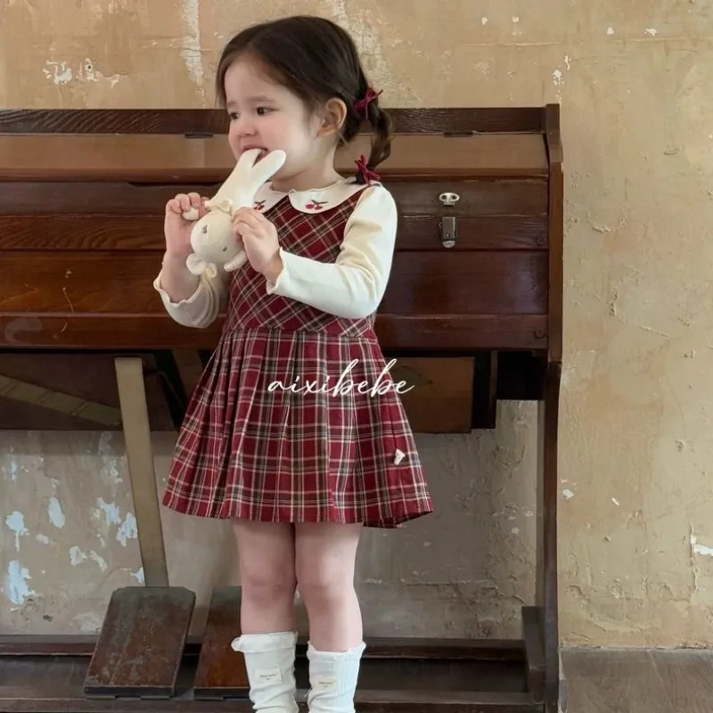 Baby Girl Korean Style Plaid Dress Autumn College Style Princess Dress Baby Doll Collar Pleated Skirt