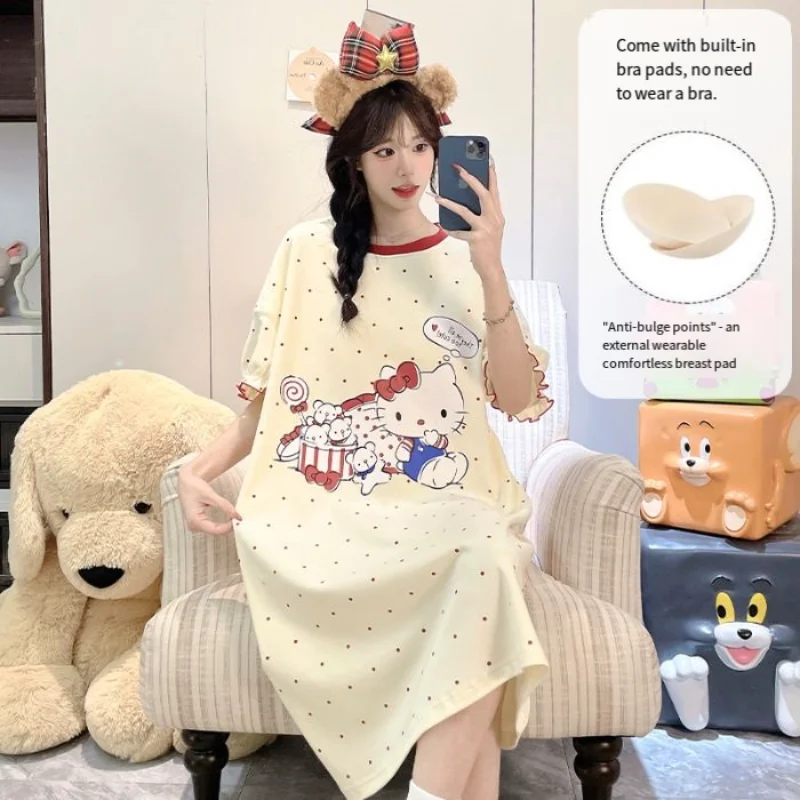 

Sanrio Hello Kitty Cute Pajamas Dress for Ladies Summer Sleeping Skirt Long Dresses Negligee Short Sleeve Sleep Dress Home Wear