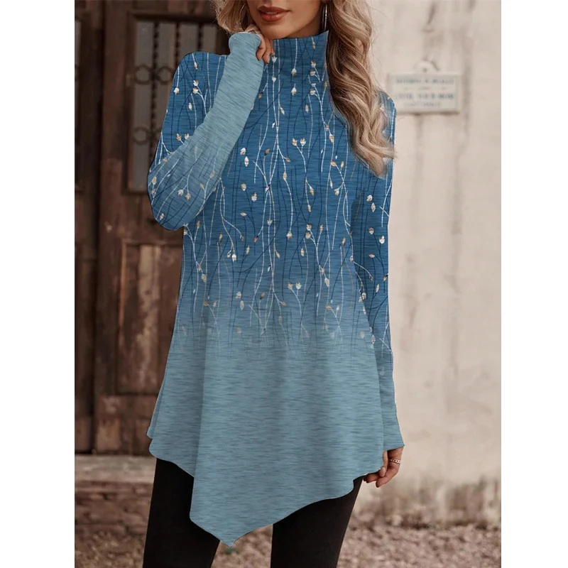 Maglietta asimmetrica a collo alto a maniche lunghe con stampa in stile etnico Vintage da donna autunno inverno top Pullover alla moda elegante da