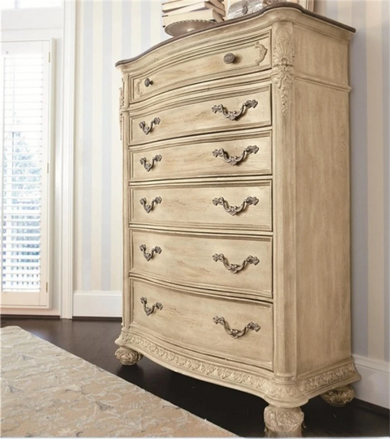 Furniture Solid wood chest cabinet European retro six chest drawer locker Oak carved high cabinet storage cabinet