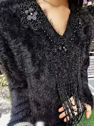 New Autumn Winter Tassel Flowers Stitch Thick Warm Faux Fur Knitwear Sweater For Women Long Sleeve Outerwears Knitted Pullover