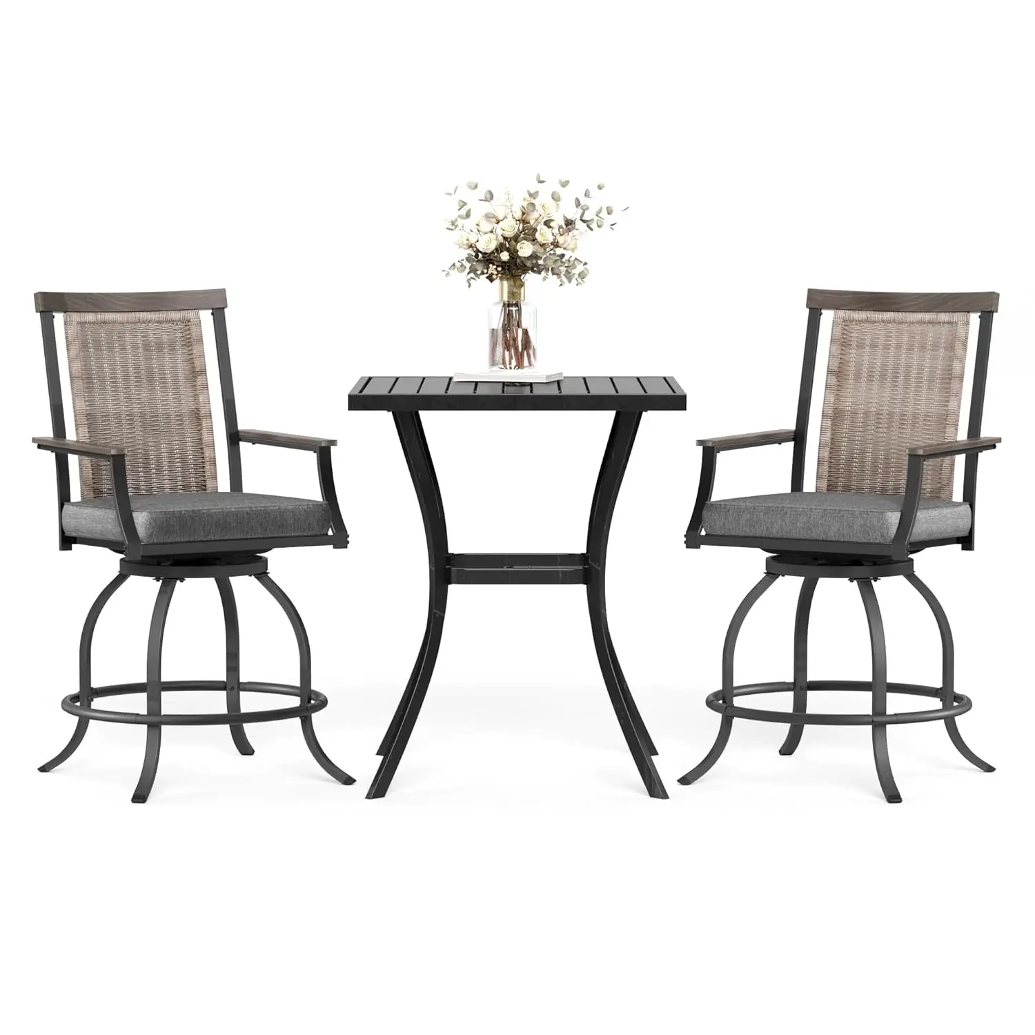 

3 Piece Outdoor Bar Height Table & Swivel Chairs Set Wicker Rattan Patio High Top Dining, Customized