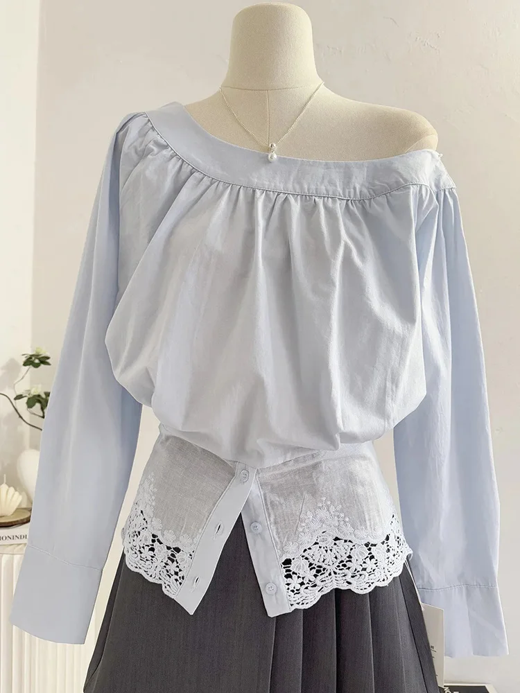 

Новая женская модная блузка с открытыми плечами, круглым вырезом, длинным рукавом, элегантная, в корейском стиле, с кружевными вставками, шикарный синий топ на весну