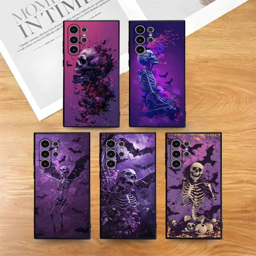 カラフルな骸骨とコウモリのスマホケース、Sシリーズ（S21、S22、S23、S24、S25、FE、Plus、Ultra）対応、TPU素材で肌に優しいソフトケース