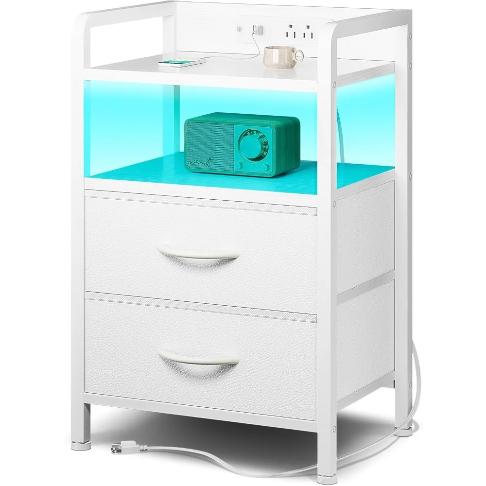 

Night Stand Bedside Table Bedroom - Nightstand with Charging Station & LED Light Strip, Bed Side Table with Storage Shelf