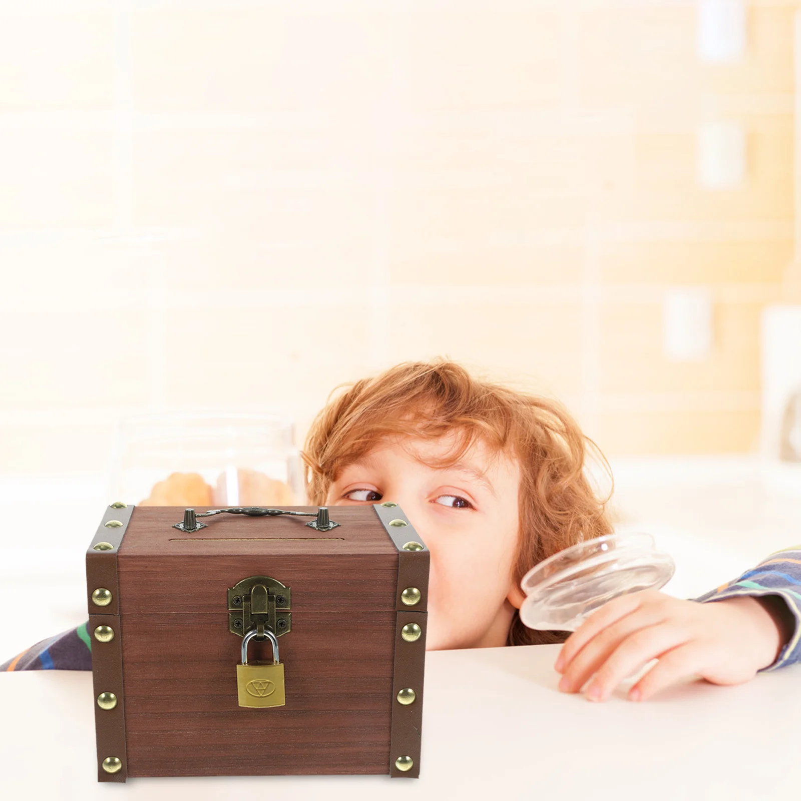 

Wooden Piggy Bank Retro Money Jar With Lock Coin Bank Jewelry Storage Case Vintage Treasure Chest Desktop Ornament