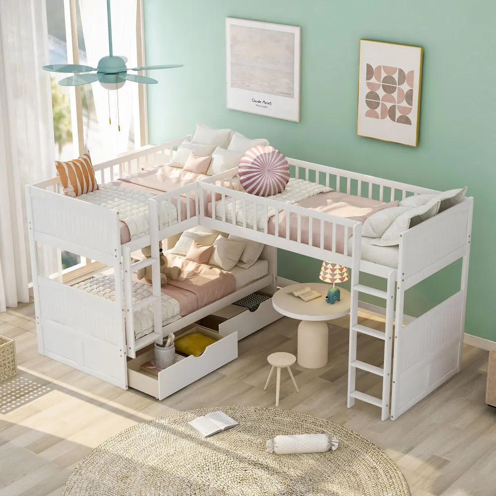 

Twin Size Bunk Bed with A Loft Bed Attached, with Two Drawers Furniture Bedroom