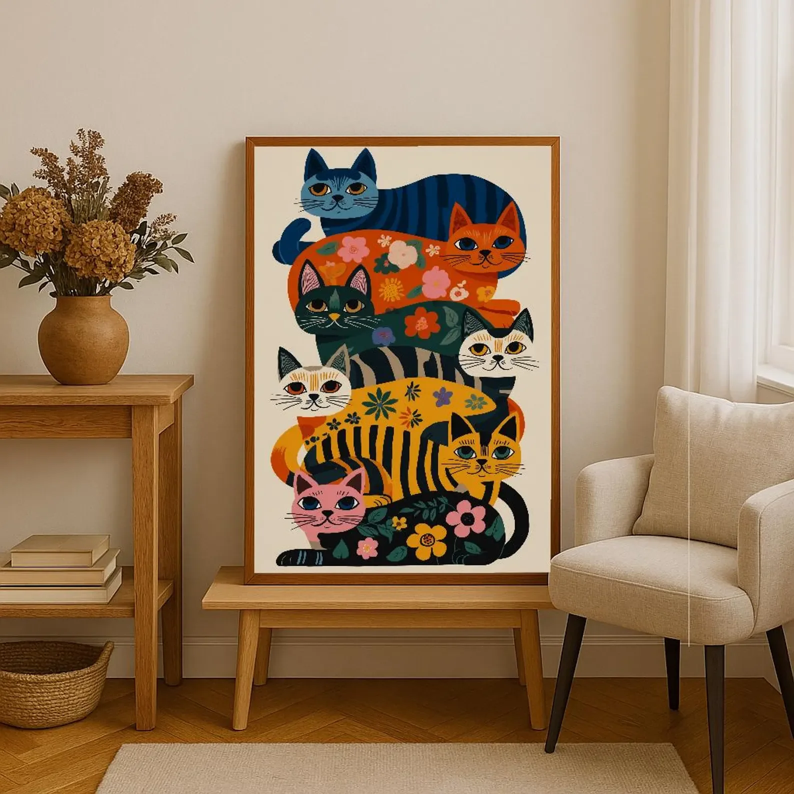 Bunte Katzen-Wanddekoration, verspielte Katzenillustration, minimalistisches Heimposter, lustiger Katzen-Kunstdruck, böhmisches Blumenkunstwerk, heller Modus