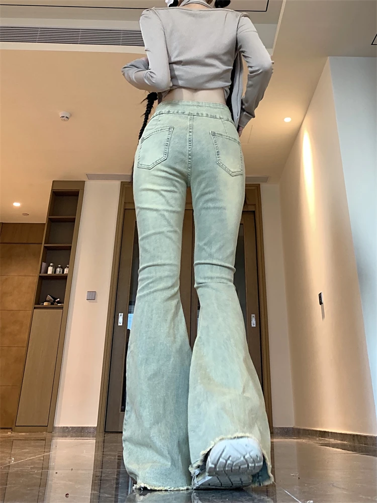 Women's Fish Tail Edge Design Slim Flared Pants Cool Girl High Waisted Streetwear Fashion Pants Female Vintage Denim Trouser