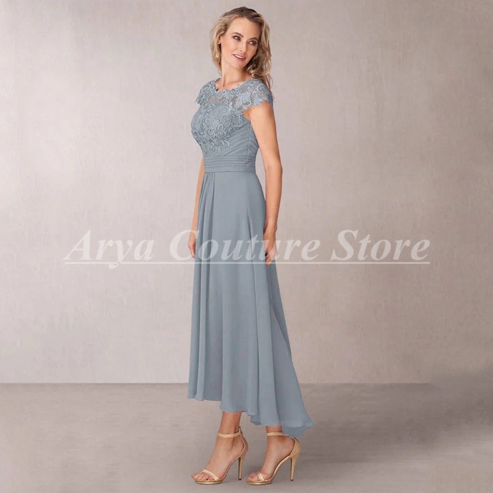 Elegant Mother of the Bride Dresses Grey Chiffon Appliques Cap Sleeve Ankle-Length Dress Party and Banquet Women‘s Gowns